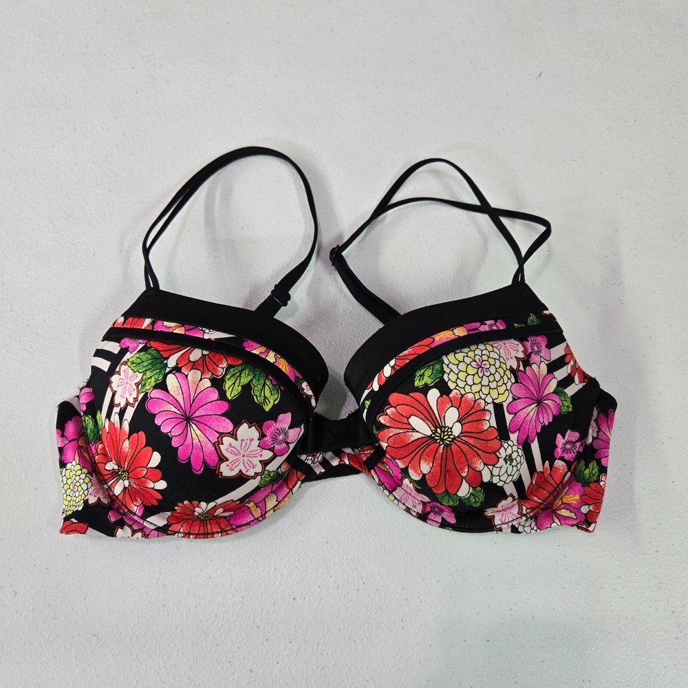 Victoria's Secret Women Bra 32D Black Floral Striped Lined Demi Underwire